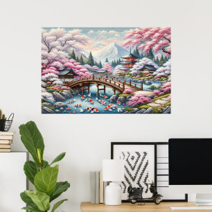 Japansk naturpark med Bridge, Koi och Sakura träd Poster