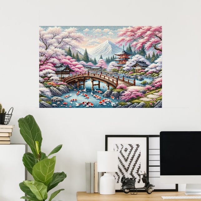 Japansk naturpark med Bridge, Koi och Sakura träd Poster (Hemmakontoret)