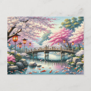 Japansk naturpark med Bridge, Koi och Sakura träd Vykort