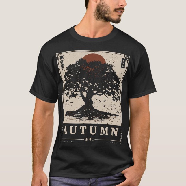 Japansk naturscen i Stil vid hösten Oak Träd T Shirt (Framsida)