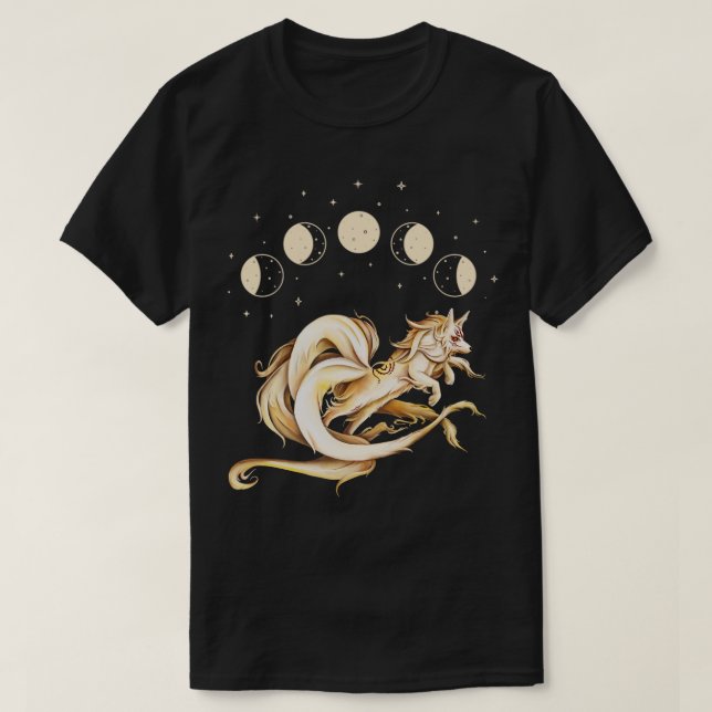 Japansk Nine Svan Fox Kitsune Måne Phases Folklo T Shirt (Design framsida)
