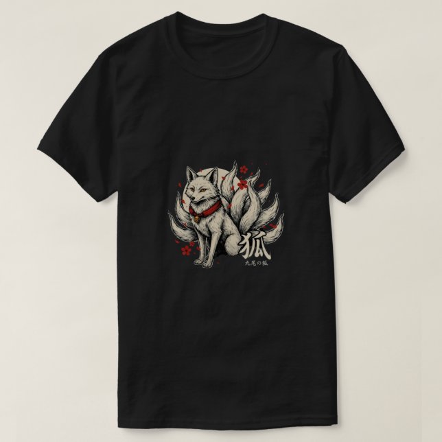 Japansk Nine-Tailed Kitsune Fox Konst - Myttisk T Shirt (Design framsida)