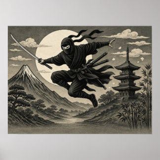 Japansk Ninja Fullmåne Fuji-affisch Poster