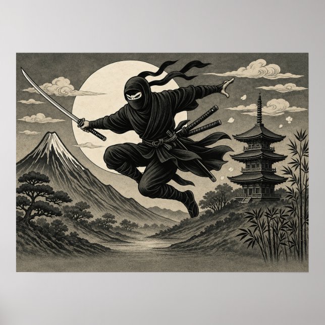Japansk Ninja Fullmåne Fuji-affisch Poster (Framsidan)