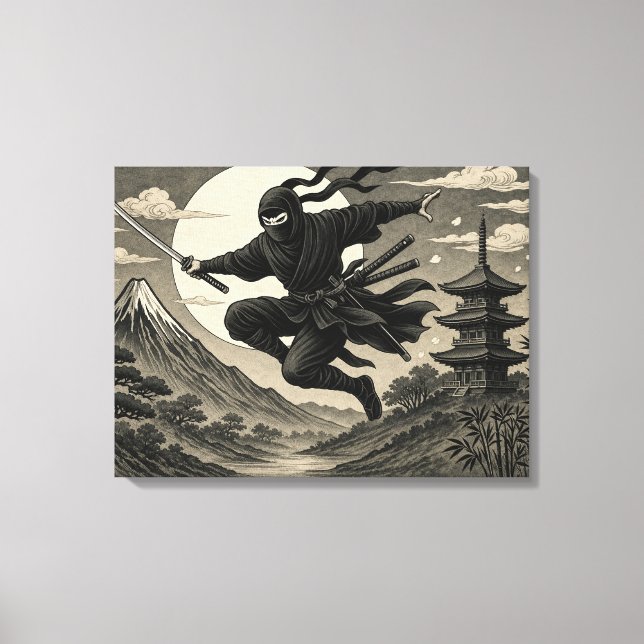 Japansk Ninja Fullmåne Fuji Canvastryck (Framsida)