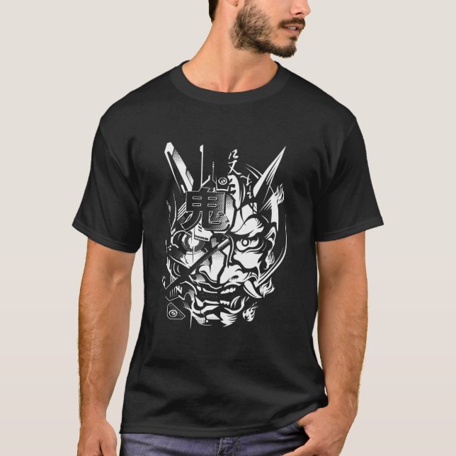 Japansk Oni Cyberpunk Samuraj Kul Techwear T Shirt (Framsida)