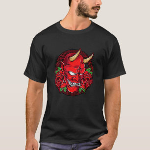 Japansk Oni Demon Mask Horned Djävulen Head med Ro T Shirt