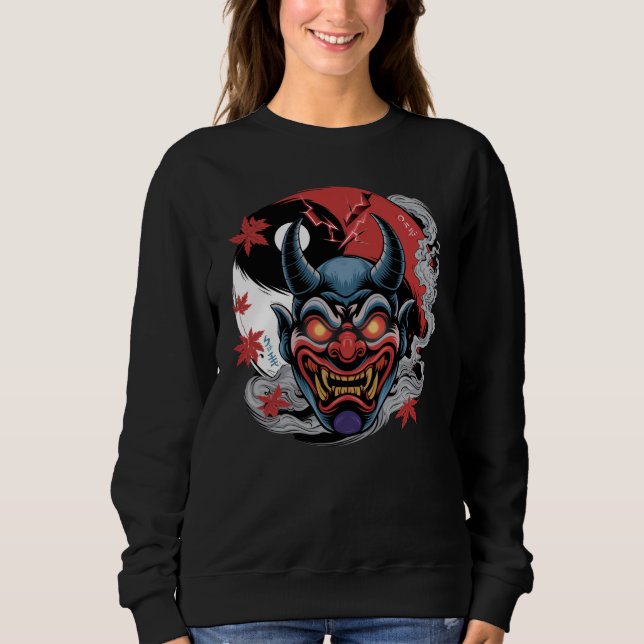 Japansk Oni Mask med Yin-Yang och Maple Lövs T Shirt (Framsida)