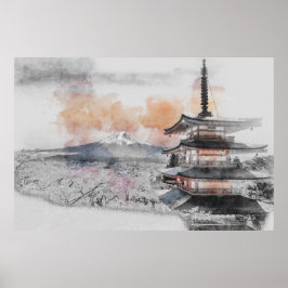 Japansk Pagod med Mount Fuji – Minimalistisk Poster