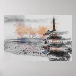 Japansk Pagod med Mount Fuji – Minimalistisk Poster