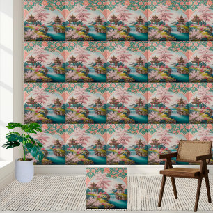 Japansk Pagoda & Cherry Blommar Chinoiserie Tile Kakelplatta