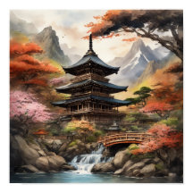 Japansk Pagoda Near a Waterfall