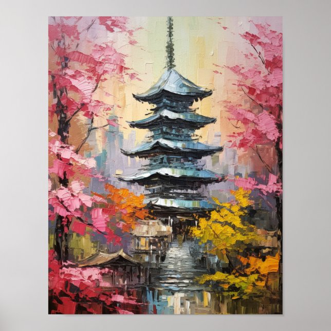 Japansk Pagoda-Oljemålning Poster (Framsidan)