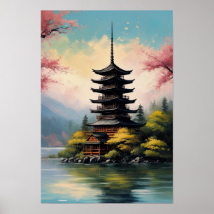 Japansk Pagoda på Rocky Shore Poster