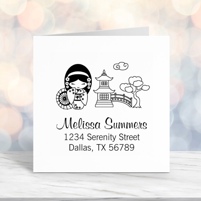 Japansk paraplyflicka i Kimono Adress Självfärgande Stämpel (Skapare uppladdad)