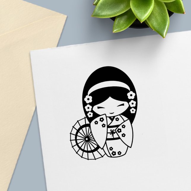 Japansk paraplyflicka i Kimono Färg Me Självfärgande Stämpel (Skapare uppladdad)