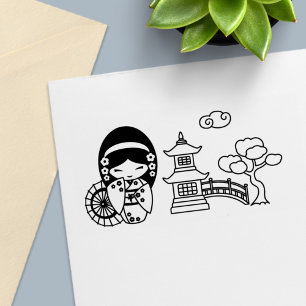 Japansk Paraplyflicka i Kimono Scrapbook Självfärgande Stämpel
