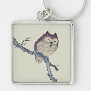 Japansk pjäsande nattbild i Uggla Fyrkantig Silverfärgad Nyckelring
