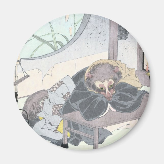 Japansk Raccon hund Tanuki Ukiyo-e vid Yoshitoshi Magnet (Framsidan)