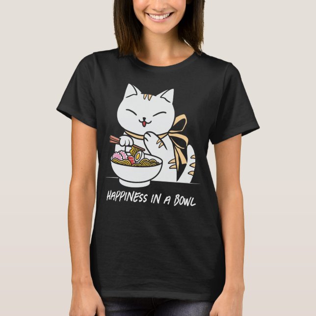 Japansk Ramen Cat Happity i en Bowl T Shirt (Framsida)