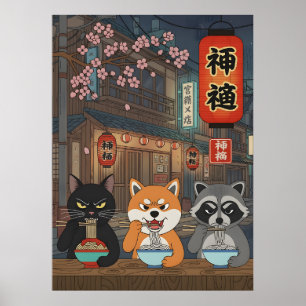 Japansk Ramen katt hund Tvättbjörn Djur Konst Nudl Poster
