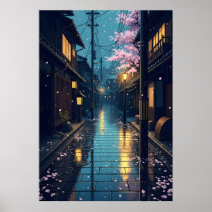 Japansk Regnig Mysig Körsbärsblomsgata Anime Poster