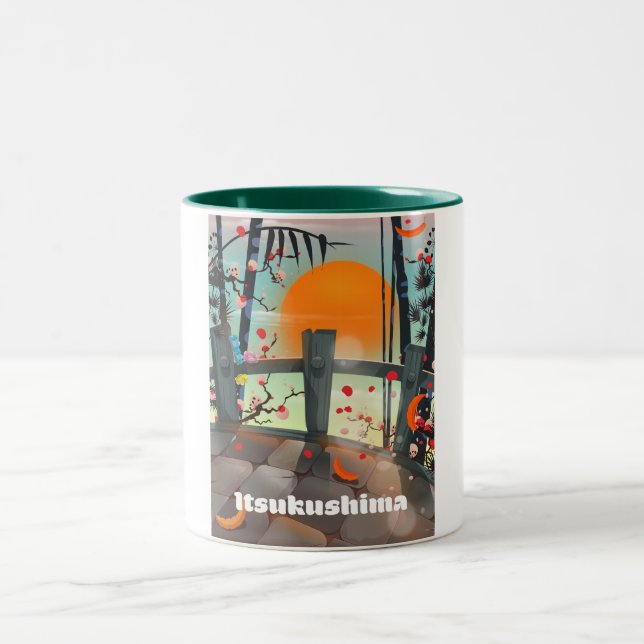 Japansk reseaffisch i Itsukushima Två-Tonad Mugg (Center)