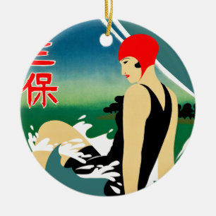 Japansk reseturism Poster 1930-talet Art Deco Girl Julgransprydnad Keramik
