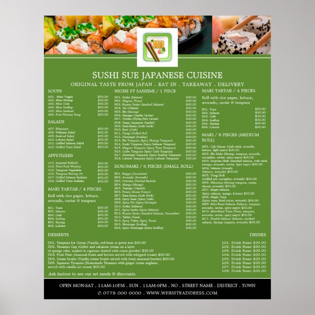 Japansk Restaurang, Sushi Meny Poster (Framsidan)