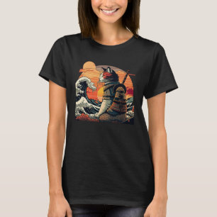 Japansk retro samurai-katt Hokus Underbara våg T Shirt