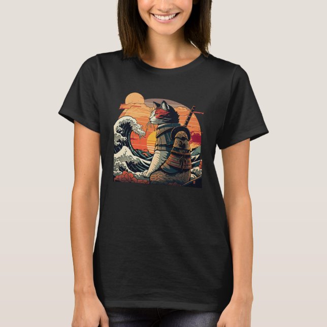 Japansk retro samurai-katt Hokus Underbara våg T Shirt (Framsida)