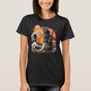Japansk retro samurai-katt Hokus Underbara våg T Shirt