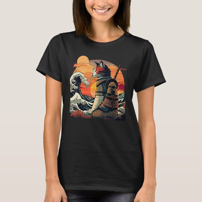 Japansk retro samurai-katt Hokus Underbara våg T Shirt (Framsida)