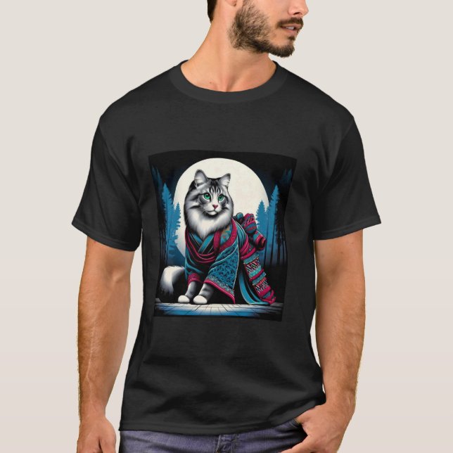 Japansk Retro Samuraj Damkattekrigar T-Shirt (Framsida)