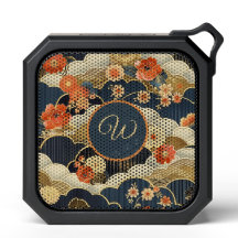 Japansk Retro Teal Blommig Initial med Moln