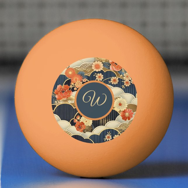 Japansk Retro Teal Blommig Initial med Moln Pingisboll (Skapare uppladdad)
