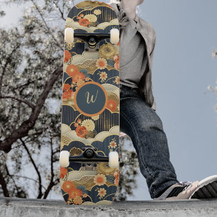 Japansk retro-teal blomstermotiv med initial på mo mini skateboard bräda 18,5 cm