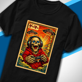 Japansk Retro Vintage UFO Skelett Rolig Gamer T Shirt