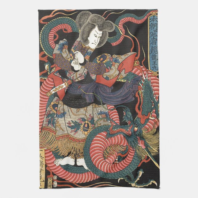 Japansk röd drake för vintage kökshandduk (Vertikal)