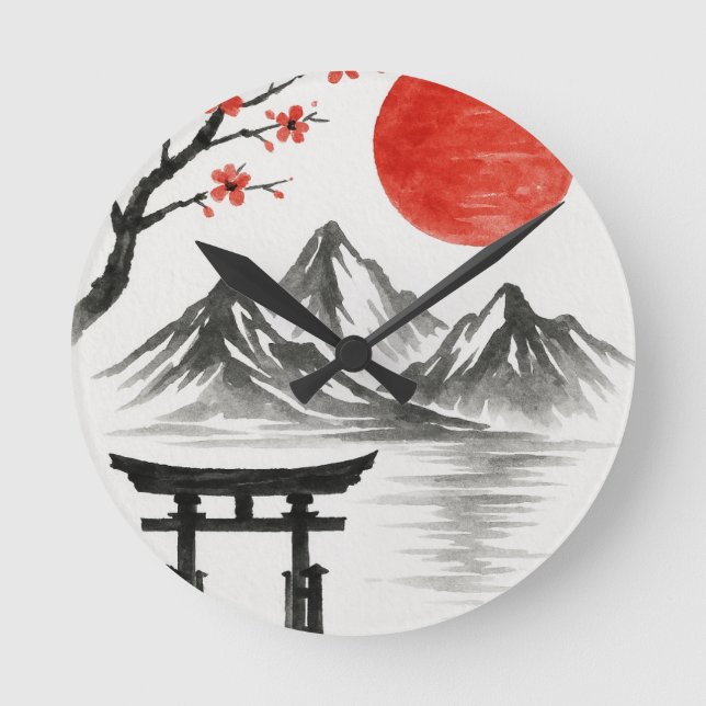 Japansk röd sol Bergslandskap accentmugg Rund Klocka (Framsida)