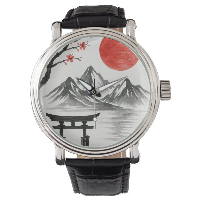 Japansk röd sol Bergslandskap Ur Armbandsur (Framsida)