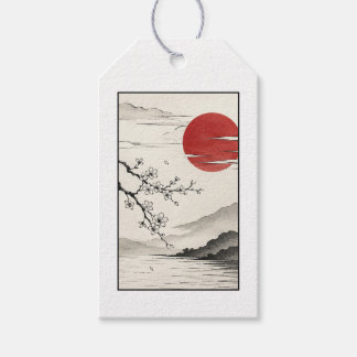 Japansk röd sol Körsbärsblomning Landskap Presentetikett