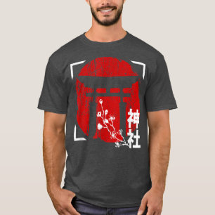 Japansk röd Sol med Shrine och Sakura Cherry Blo T Shirt