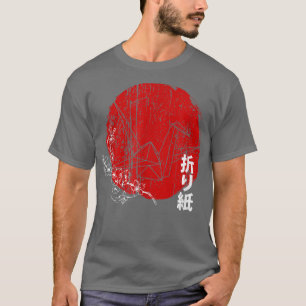 Japansk röd Sol Origami Papper Bird & Sakura Cherr T Shirt