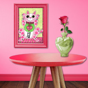 Japansk Rosa Lucky Cat Maneki Neko Folk Art Poster