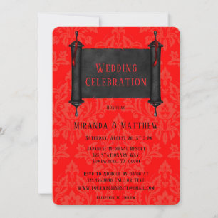 Japansk Rulla Red Black Damask Wedding Inbjudningar