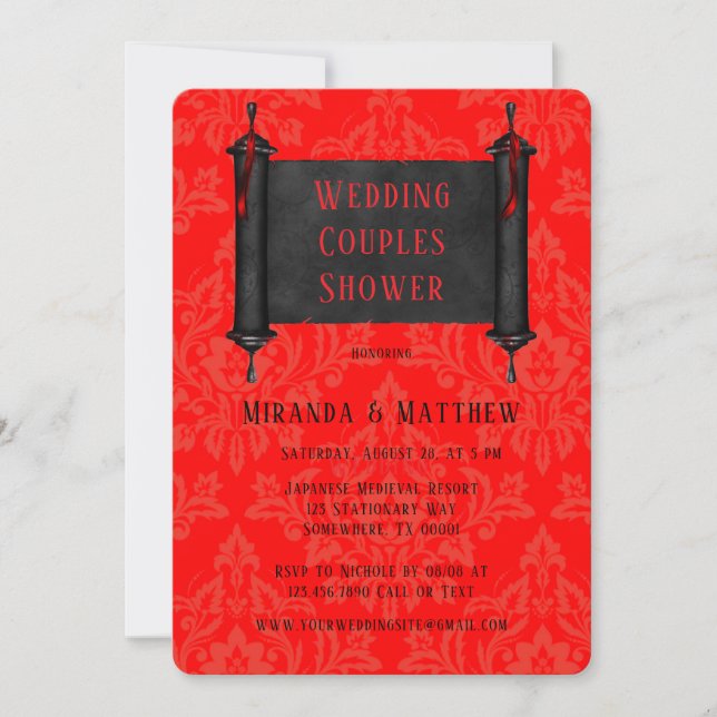 Japansk Rulla Red Black Damask Wedding Par Inbjudningar (Framsida)