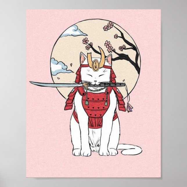 Japansk Sakura Samurai Cat Poster (Framsidan)