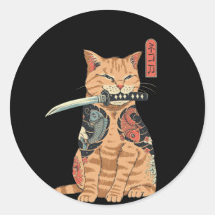 Japansk samurai Cat Classic Round Sticker Runt Klistermärke