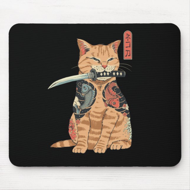 Japansk samurai Cat Mouse dålig Musmatta (Framsidan)